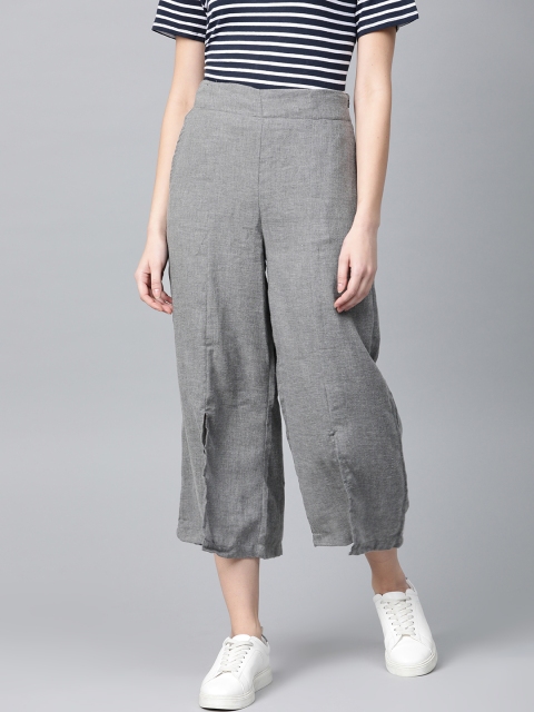 

I AM FOR YOU Women Grey Melange Tailored Loose Fit Solid Cropped Trousers