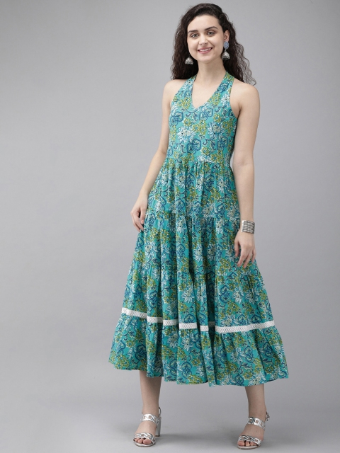 

Rain & Rainbow Women Blue Floral Printed Tiered Fit & Flare Dress