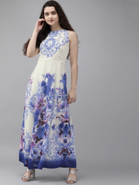 

Rain & Rainbow Women White Floral Print Maxi Dress With Pleated Detail