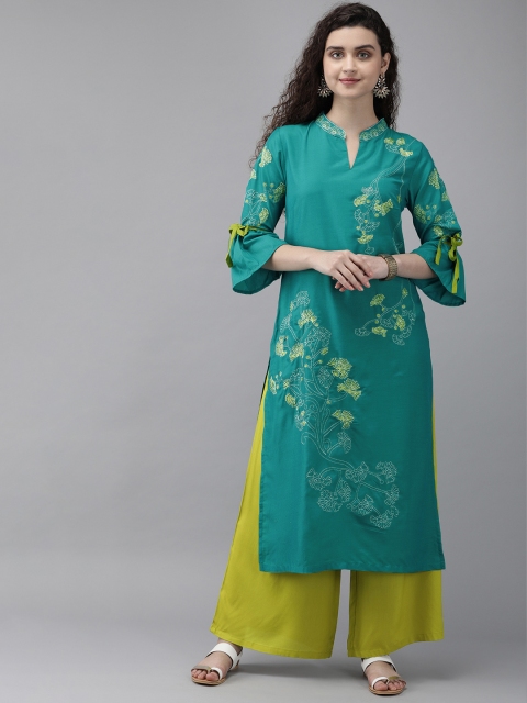 

Rain & Rainbow Women Teal Blue & Green Embroidered Kurta with Palazzos