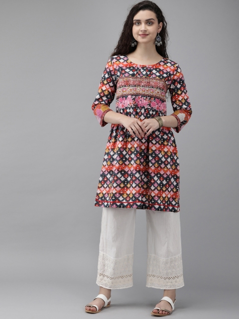 

Rain & Rainbow Women's Navy Blue & Pink Printed Tunic With pleated Detail