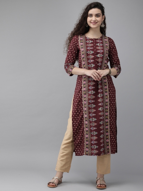 

Rain & Rainbow Women Burgundy Printed Straight Kurta