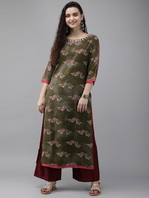 

Rain & Rainbow Women Olive Green & Maroon Quirky Printed Straight Kurta