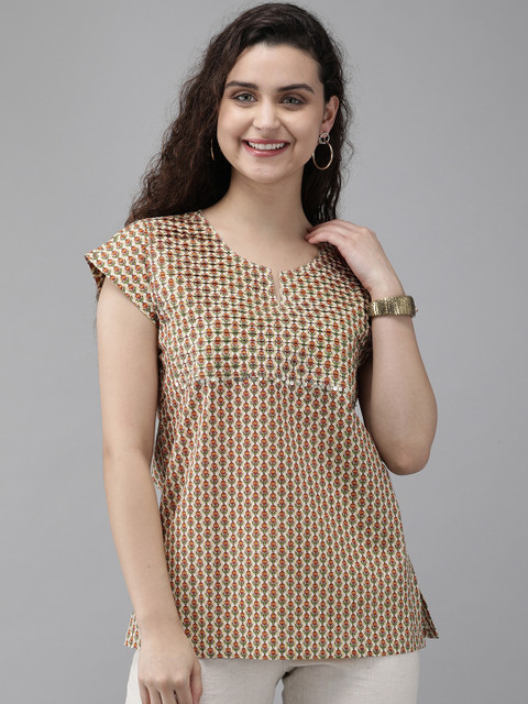 

Rain & Rainbow Women Beige & Brown Printed Pure Cotton Top With Pleated Detail
