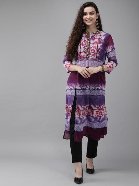 

Rain & Rainbow Women Purple & White Printed A-Line Kurta