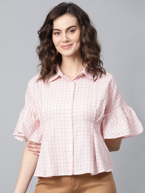 

I AM FOR YOU Women Pink & Brown Regular Fit Checked Casual Shirt