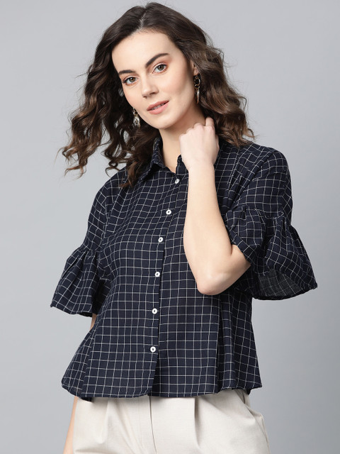 

I AM FOR YOU Women Navy Blue & White Regular Fit Checked Casual Shirt