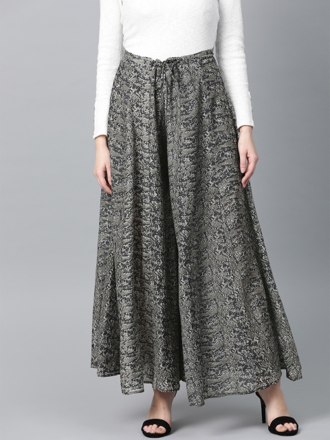 

I AM FOR YOU Women Grey & Black Printed Loose Fit Palazzos
