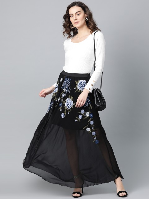 

I AM FOR YOU Women Black & Blue Embroidered Maxi Skirt