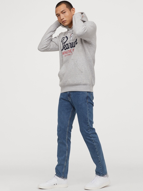 

H&M Men Grey Melange Printed Hooded Top With a Motif