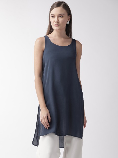 

Vaak Women Navy Blue Longline Solid Styled Back Top