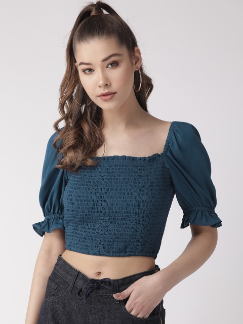 

20Dresses Women Teal Blue Smocked Fitted Crop Top