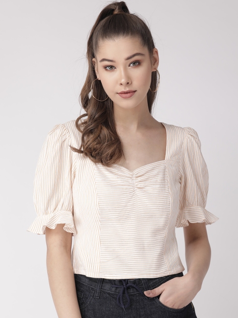

20Dresses Women White & Mustard Yellow Striped Crop Top
