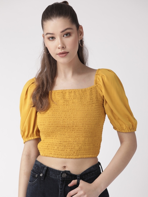

20Dresses Women Mustard Yellow Solid Fitted Crop Top with Smocking