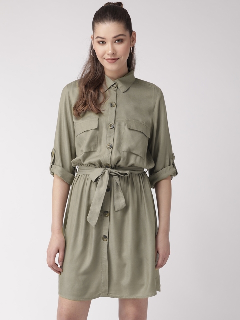 

20Dresses Women Olive Green Solid Shirt Dress