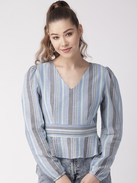

20Dresses Women Blue & Charcoal Grey Striped A-Line Pure Cotton Top