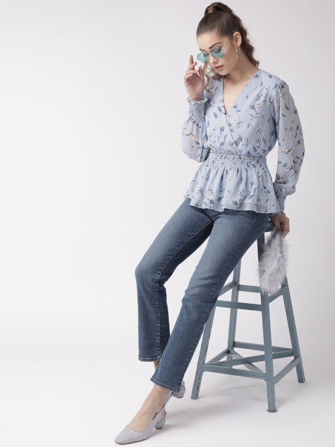 

20Dresses Women Blue & Mustard Yellow Floral Print Wrap Top