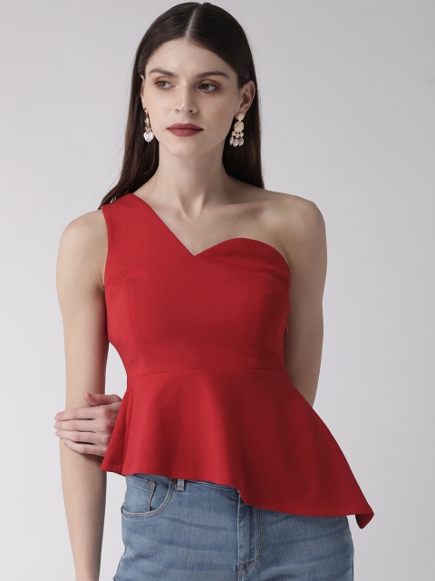 

20Dresses Women Red Solid One-Shoulder Peplum Top