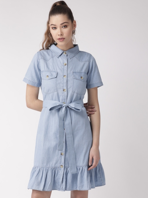 

20Dresses Women Blue Solid Denim Shirt Dress With Belt
