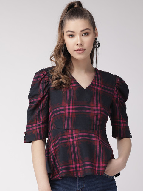 

20Dresses Women Navy Blue & Pink Checked A-Line Top