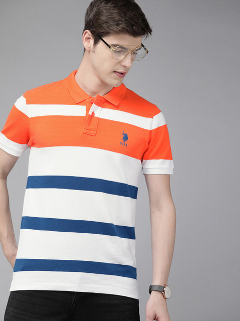 

U.S. Polo Assn. Men White Blue Striped Polo Collar Pure Cotton T-shirt