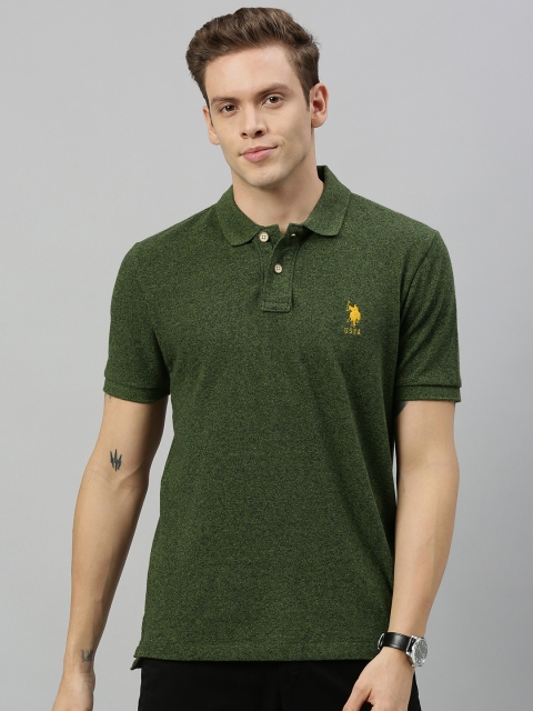 

U.S. Polo Assn. Men Green Solid Polo Collar Pure Cotton T-shirt