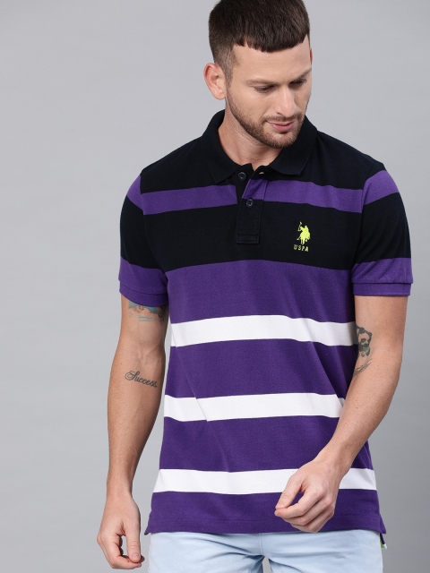 

U.S. Polo Assn. Men Purple White Striped Polo Collar Pure Cotton T-shirt