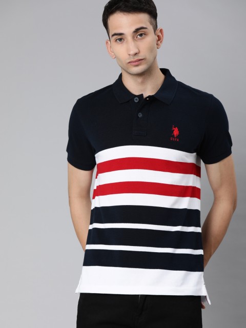 

U.S. Polo Assn. Men White Striped Polo Collar T-shirt