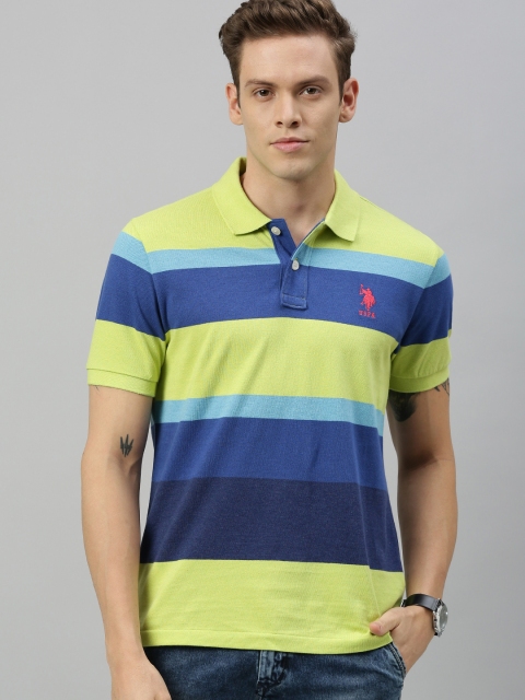 

U.S. Polo Assn. Men Green & Blue Striped Polo Collar T-shirt