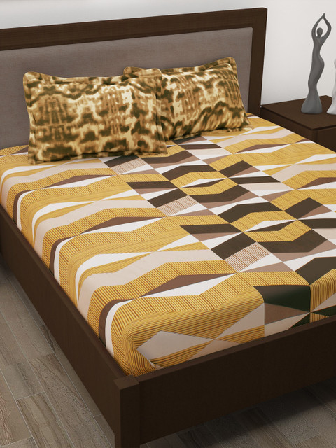 

Story@home Mustard Yellow & Brown 186 TC Cotton 1 Queen Bedsheet with 2 Pillow Covers