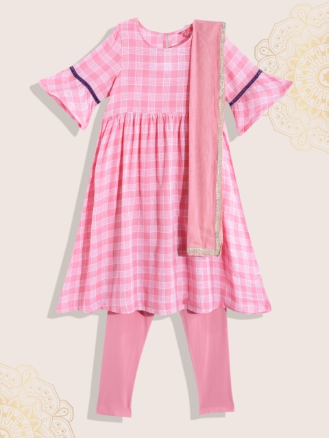 

Biba Girls Pink & White Checked Pure Cotton Kurta & Leggings with Dupatta