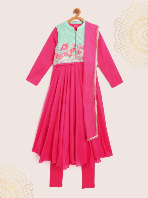 

Biba Girls Pink & Green Solid Anarkali Kurta with Churidar Dupatta & Ethnic Jacket