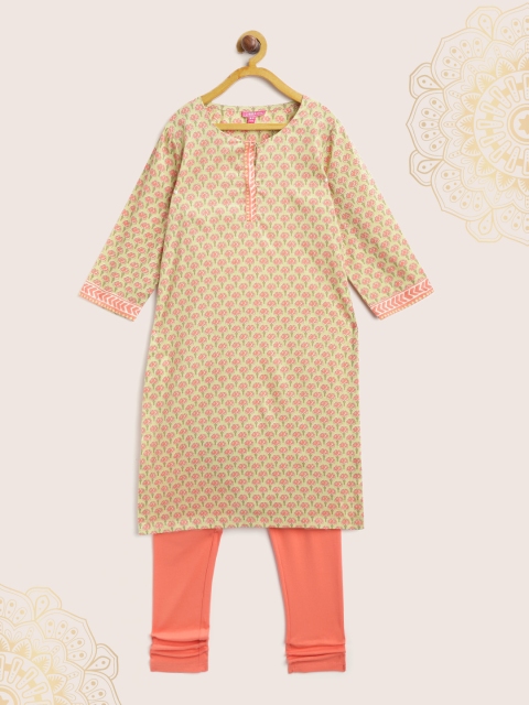 

Biba Girls Olive Green & Peach-Coloured Printed Kurta with Churidar