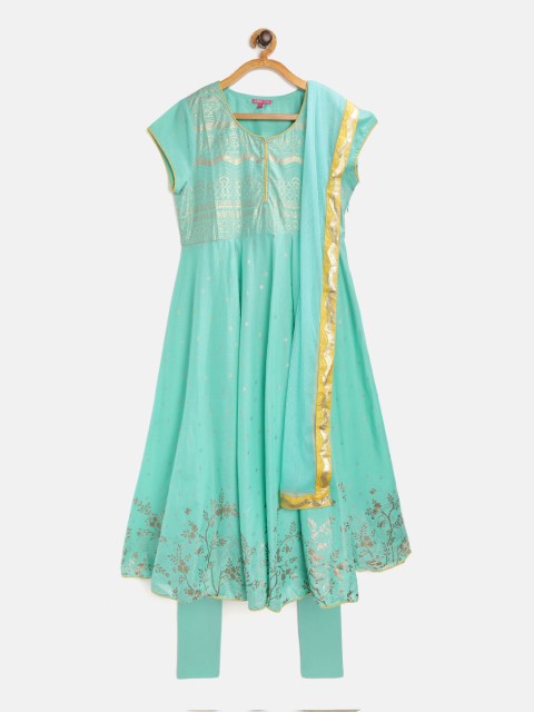 

Biba Girls Turquoise Blue & Golden Floral Print Kurta with Churidar & Dupatta