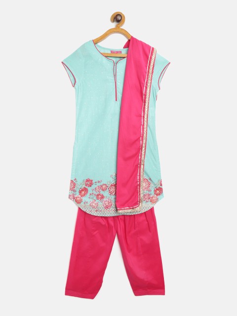 

Biba Girls Turquoise Blue & Pink Floral Print Pure Cotton Kurta with Salwar & Dupatta