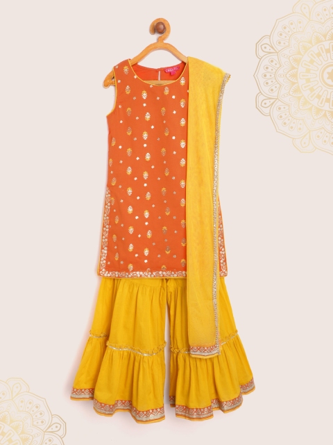 

Biba Girls Orange & Mustard Yellow Cotton Printed Kurta with Sharara & Dupatta