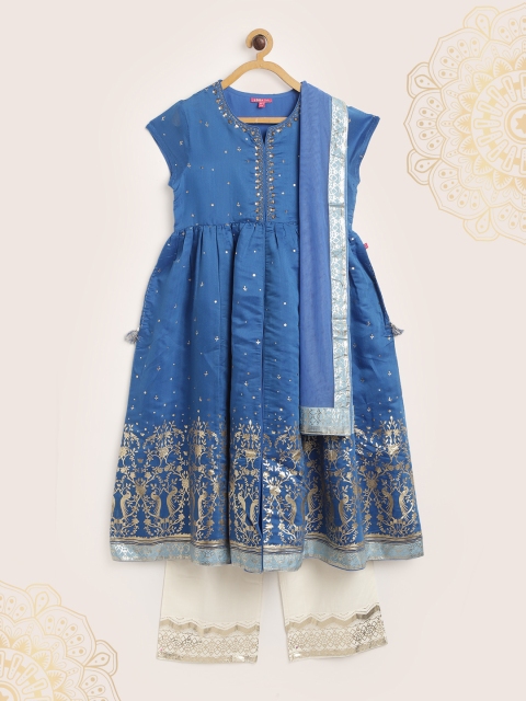 

Biba Girls Blue & Off-White Foil Ethnic Printed High Silt Kurta with Palazzos & Dupatta