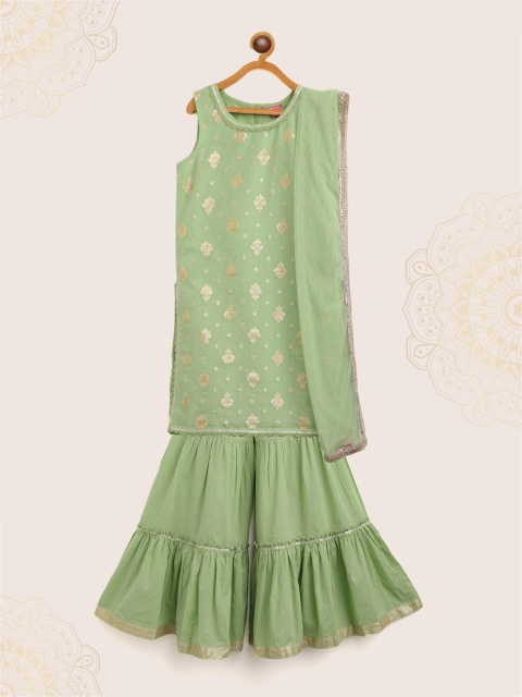 

Biba Girls Green & Golden Ethnic Motifs Printed Kurta with Sharara & Dupatta