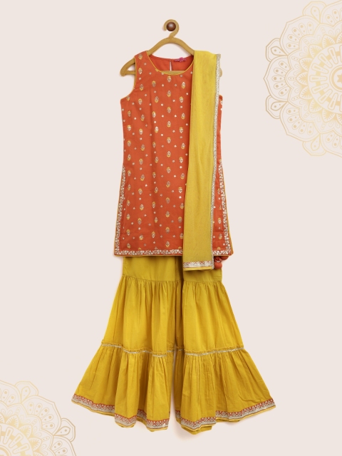 

Biba Girls Orange & Mustard Yellow Ethnic Print Pure Cotton Kurta with Sharara & Dupatta