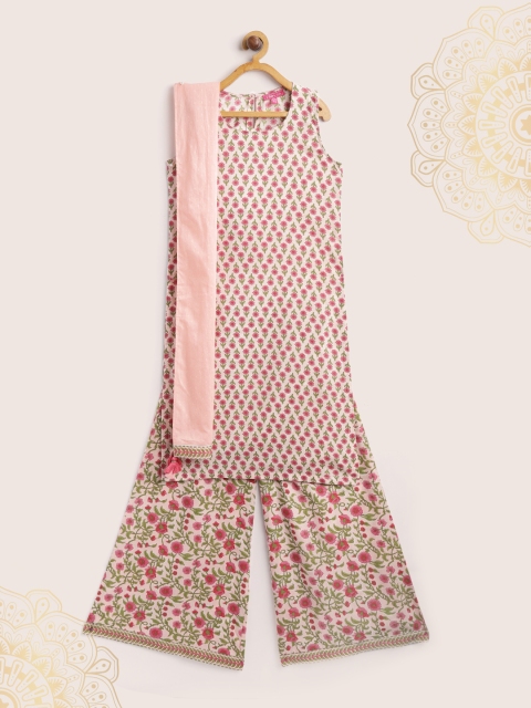 

Biba Girls Peach-Coloured & Green Printed Kurta with Palazzos & Dupatta