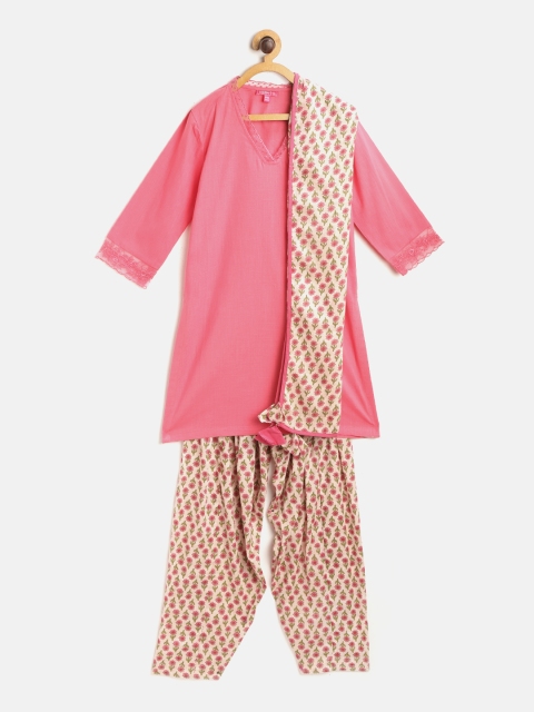 

Biba Girls Pink Solid Pure Cotton Straight Kurta with Floral Print Salwar & Dupatta