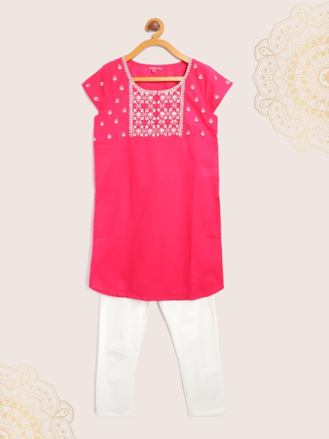 

Biba Girls Pink & White Ethnic Motifs Embroidered Kurta with Solid Leggings