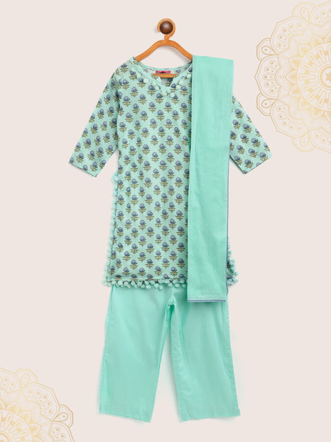 

Biba Girls Turquoise Blue Ethnic Motifs Pure Cotton Kurta with Palazzos & With Dupatta