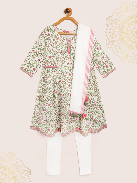 

Biba Girls White & Green Floral Printed Kurta with Churidar & Dupatta