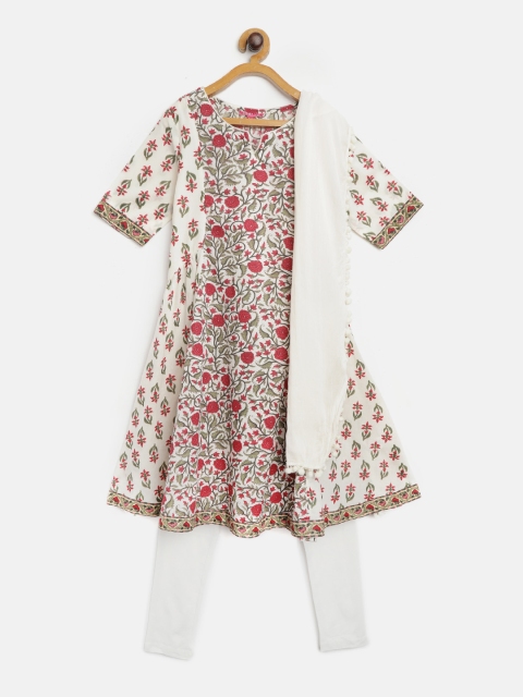 

Biba Girls White & Maroon Printed Kurta with Leggings & Dupatta