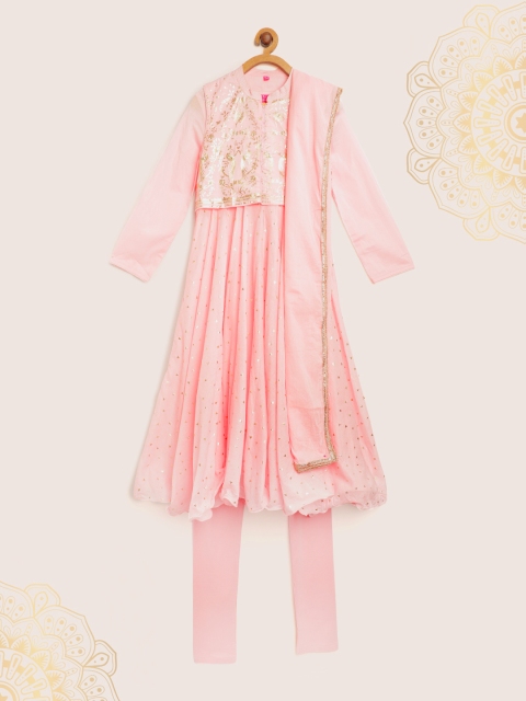 

Biba Girls Peach-Coloured & Golden Printed Kurta Set with Ethnic Jacket