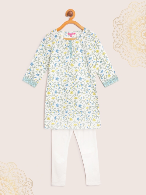

Biba Girls White & Green Printed Kurta with Churidar