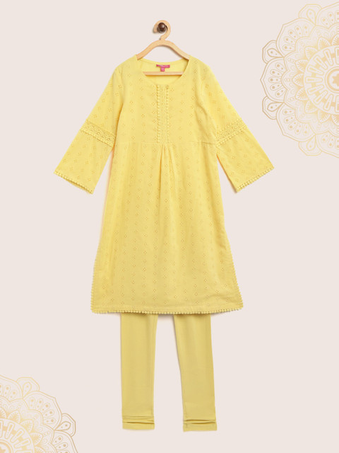 

Biba Girls Yellow Embroidered Kurta with Churidar