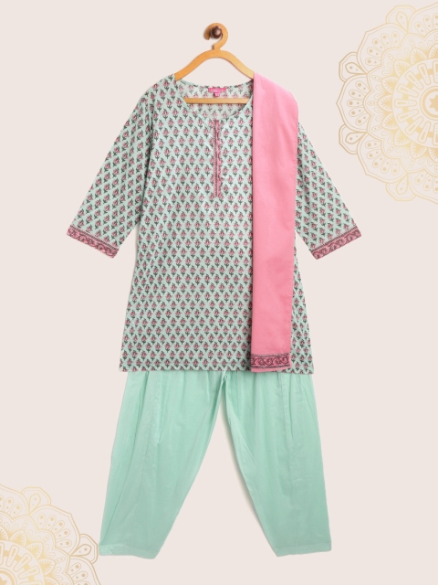 

Biba Girls Mint Green & Pink Floral Print Straight Kurta with Salwar & Dupatta