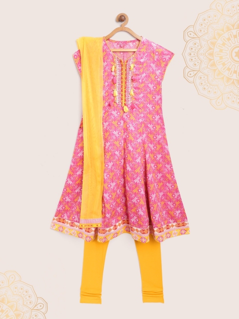 

Biba Girls Pink & Mustard Yellow Printed Kurta with Churidar & Dupatta